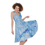Ice Blue Marble Print Women's Sleeveless Dress