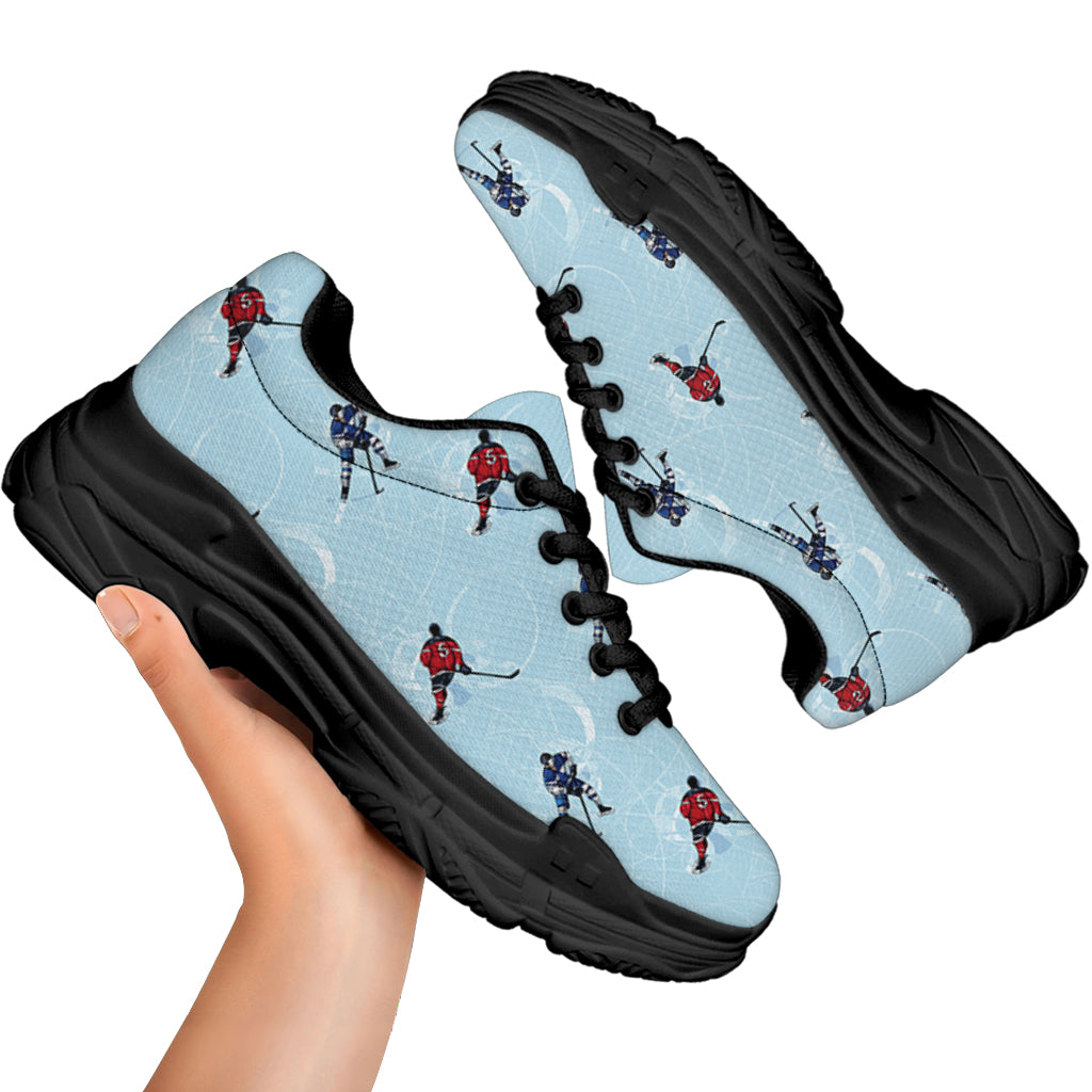 Ice Hockey Players Pattern Print Black Chunky Shoes