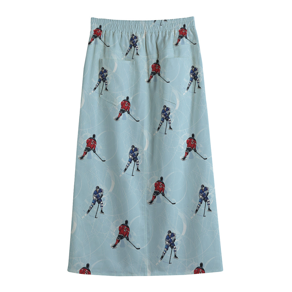Ice Hockey Players Pattern Print Cotton Front Slit Maxi Skirt