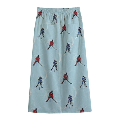 Ice Hockey Players Pattern Print Cotton Front Slit Maxi Skirt