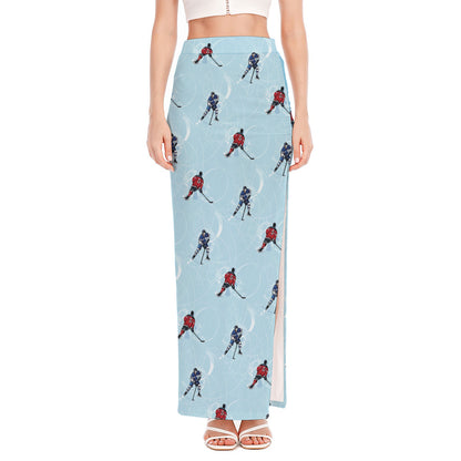 Ice Hockey Players Pattern Print High Slit Maxi Skirt
