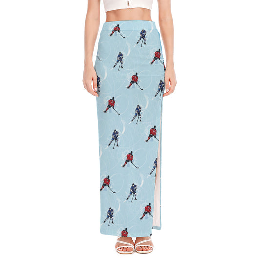 Ice Hockey Players Pattern Print High Slit Maxi Skirt