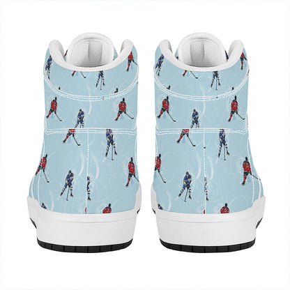 Ice Hockey Players Pattern Print High Top Leather Sneakers