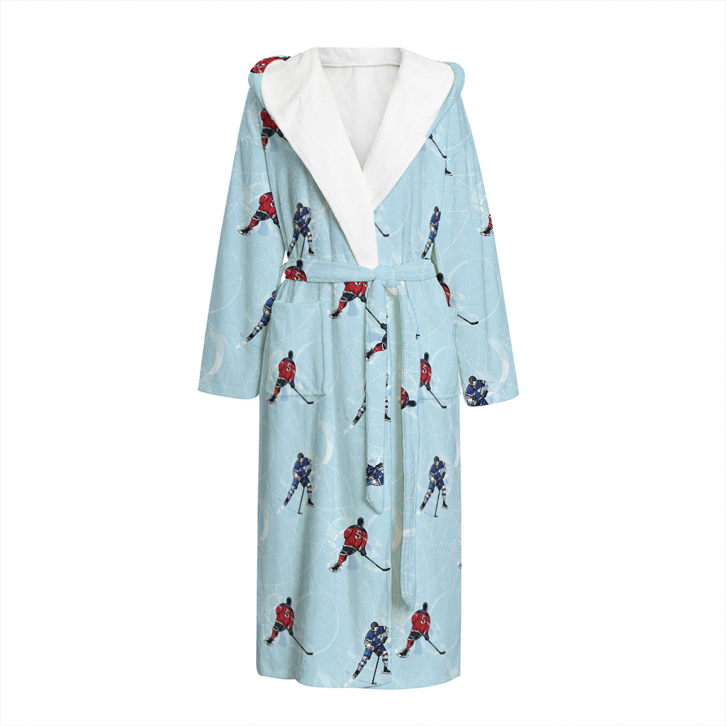 Ice Hockey Players Pattern Print Hooded Bathrobe