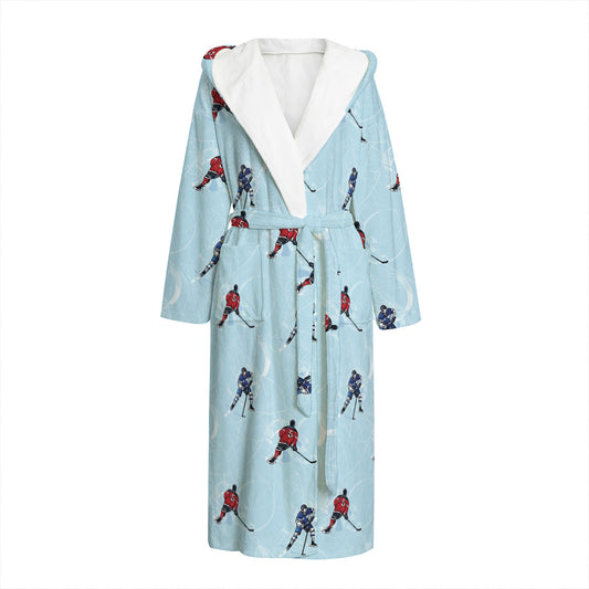 Ice Hockey Players Pattern Print Hooded Bathrobe