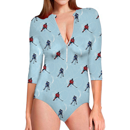 Ice Hockey Players Pattern Print Long Sleeve Swimsuit