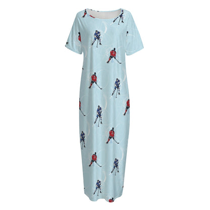 Ice Hockey Players Pattern Print Short Sleeve Long Nightdress