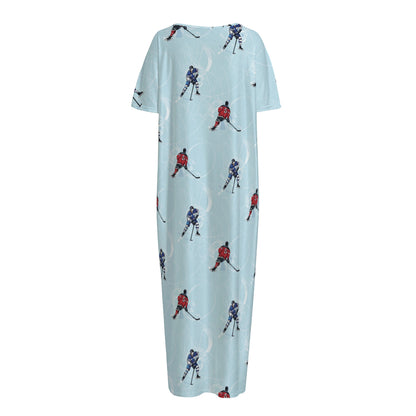 Ice Hockey Players Pattern Print Short Sleeve Long Nightdress