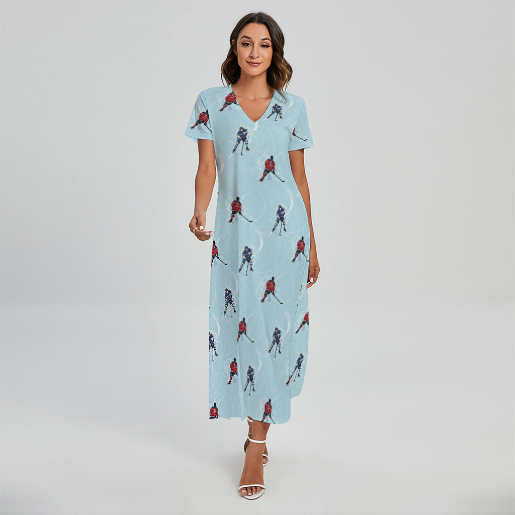 Ice Hockey Players Pattern Print Short Sleeve Maxi Dress