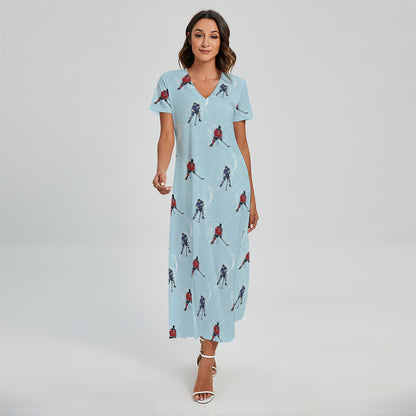 Ice Hockey Players Pattern Print Short Sleeve Maxi Dress