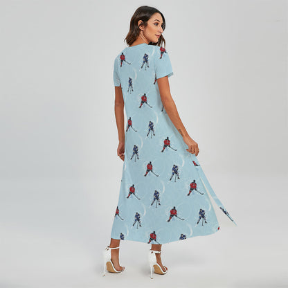 Ice Hockey Players Pattern Print Short Sleeve Maxi Dress