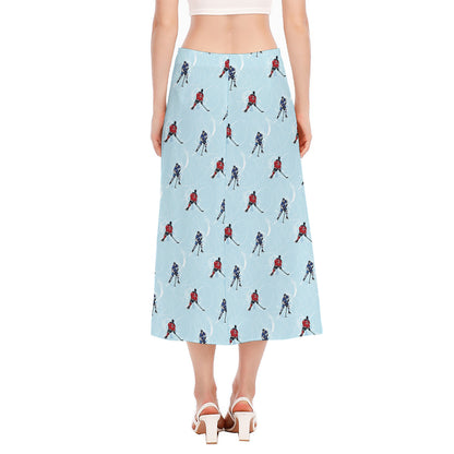 Ice Hockey Players Pattern Print Side Slit Midi Skirt