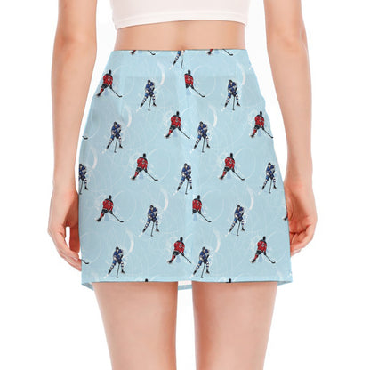 Ice Hockey Players Pattern Print Side Slit Mini Skirt