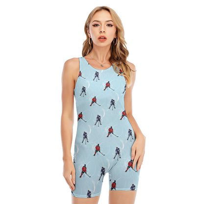 Ice Hockey Players Pattern Print Sleeveless One Piece Swimsuit