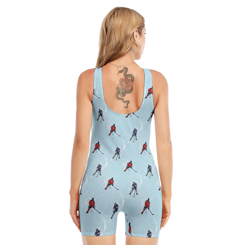 Ice Hockey Players Pattern Print Sleeveless One Piece Swimsuit