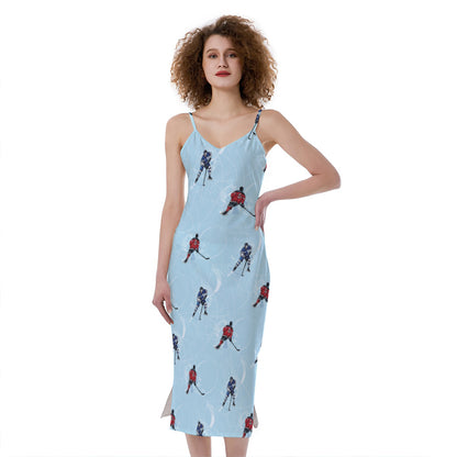 Ice Hockey Players Pattern Print Slim Fit Midi Cami Dress