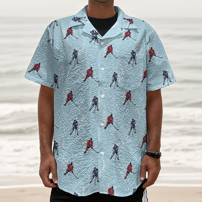 Ice Hockey Players Pattern Print Textured Short Sleeve Shirt