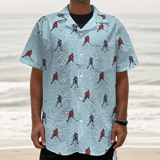 Ice Hockey Players Pattern Print Textured Short Sleeve Shirt