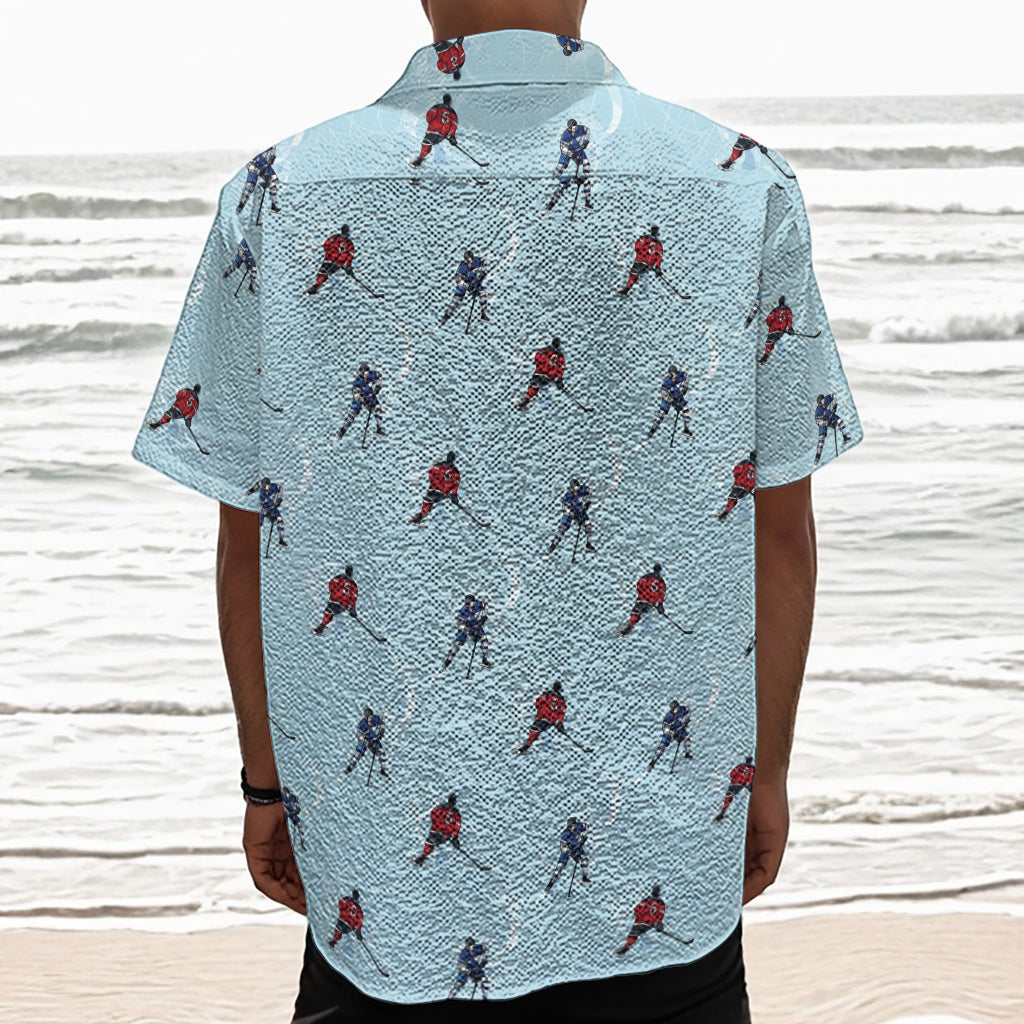 Ice Hockey Players Pattern Print Textured Short Sleeve Shirt
