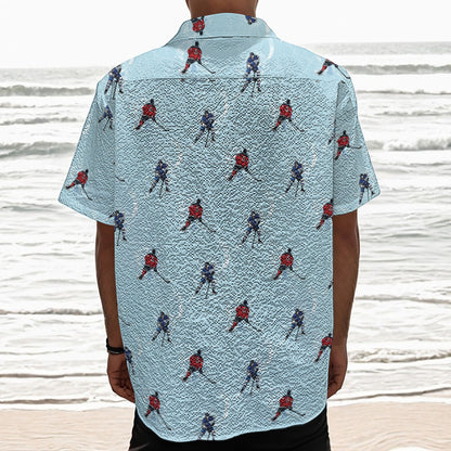 Ice Hockey Players Pattern Print Textured Short Sleeve Shirt