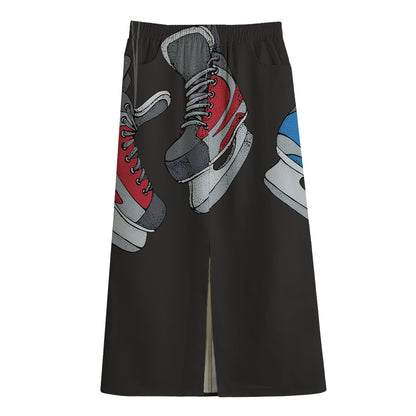 Ice Hockey Skates Print Cotton Front Slit Maxi Skirt