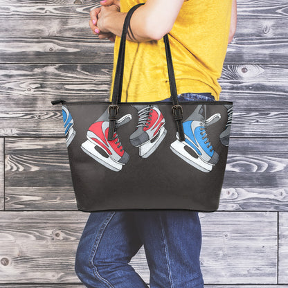 Ice Hockey Skates Print Leather Tote Bag