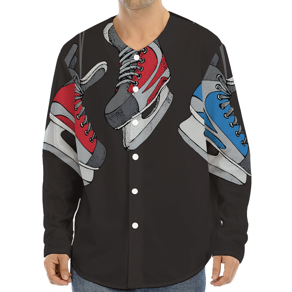 Ice Hockey Skates Print Long Sleeve Baseball Jersey