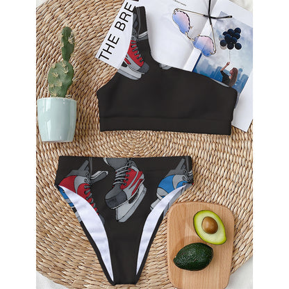 Ice Hockey Skates Print One Shoulder Bikini Top