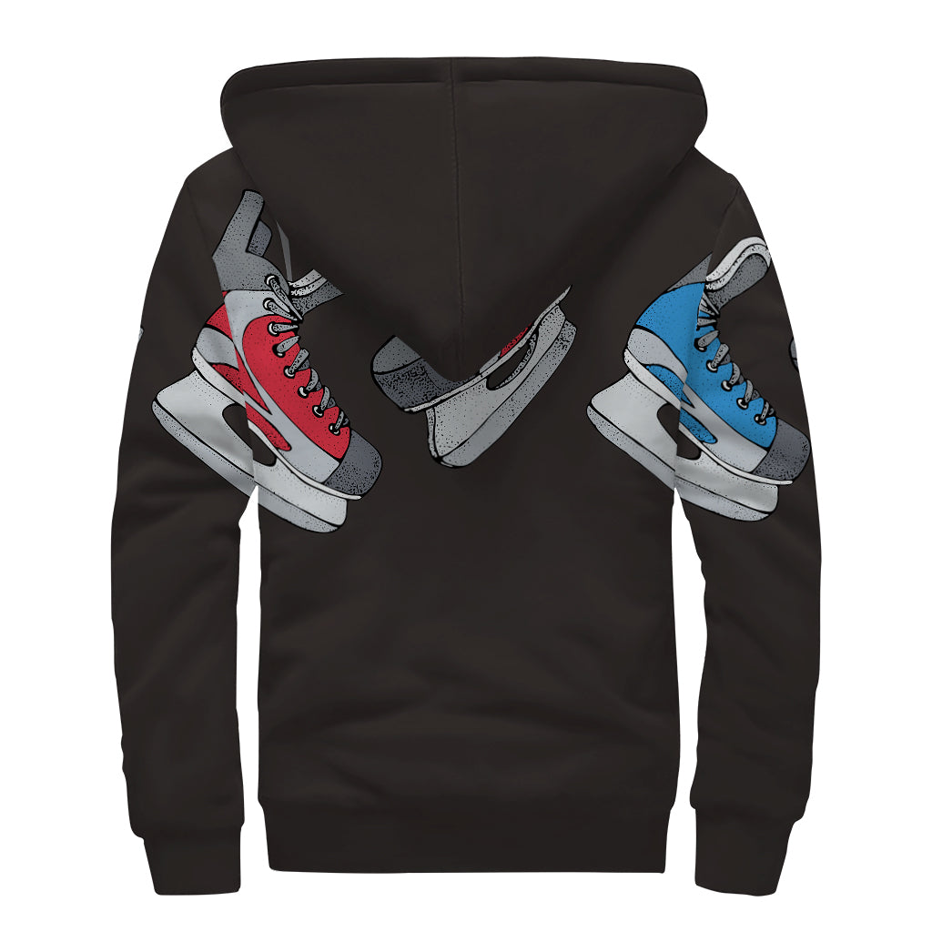 Ice Hockey Skates Print Sherpa Lined Zip Up Hoodie