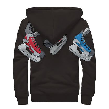 Ice Hockey Skates Print Sherpa Lined Zip Up Hoodie