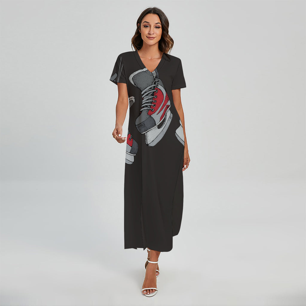 Ice Hockey Skates Print Short Sleeve Maxi Dress