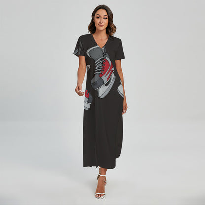 Ice Hockey Skates Print Short Sleeve Maxi Dress