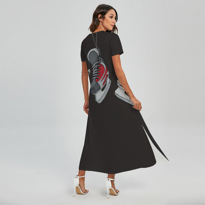 Ice Hockey Skates Print Short Sleeve Maxi Dress