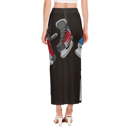 Ice Hockey Skates Print Side Slit Maxi Skirt