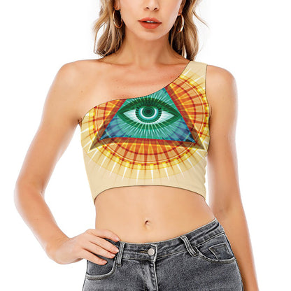Illuminati Eye of Providence Print One Shoulder Crop Top