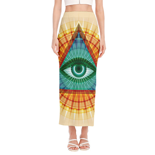 Illuminati Eye of Providence Print Side Slit Maxi Skirt