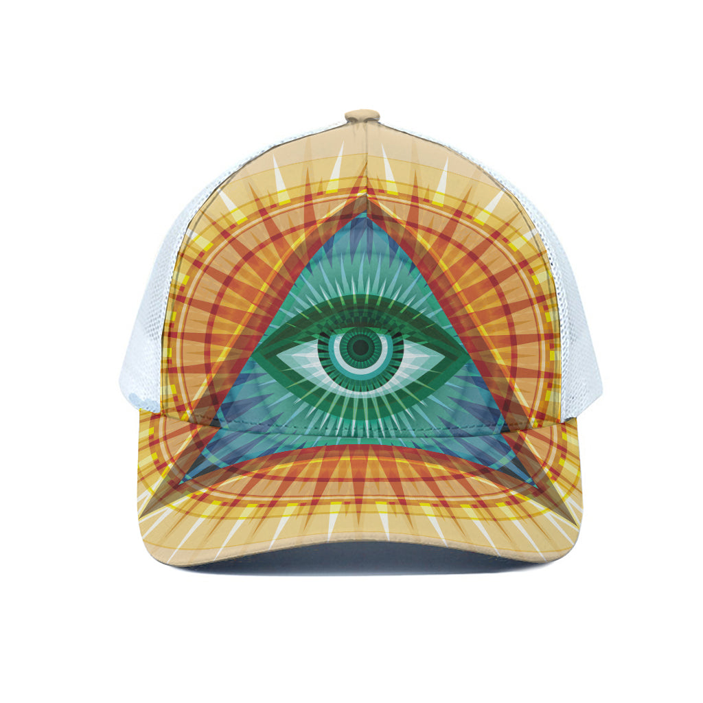 Illuminati Eye of Providence Print White Mesh Trucker Cap