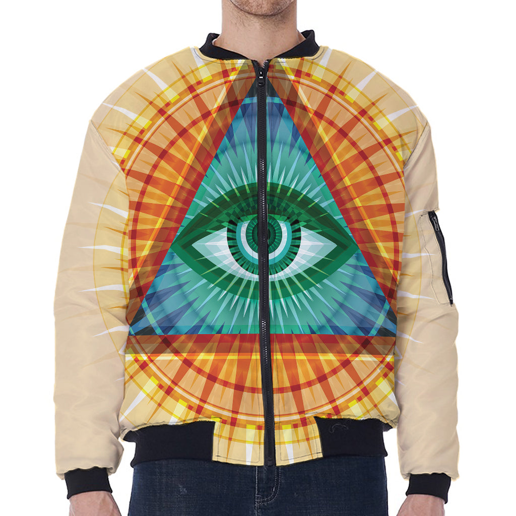 Illuminati Eye of Providence Print Zip Sleeve Bomber Jacket