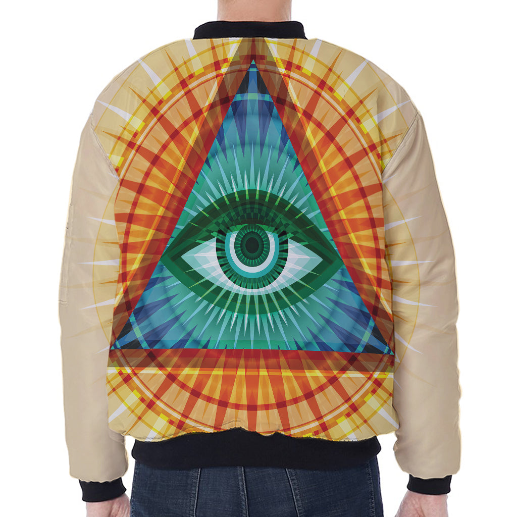 Illuminati Eye of Providence Print Zip Sleeve Bomber Jacket