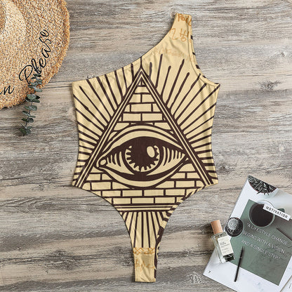 Illuminati Eye Print One Shoulder Bodysuit