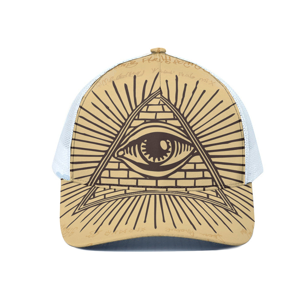 Illuminati Eye Print White Mesh Trucker Cap