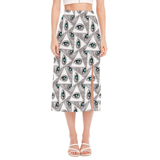Illuminati Pattern Print Side Slit Midi Skirt