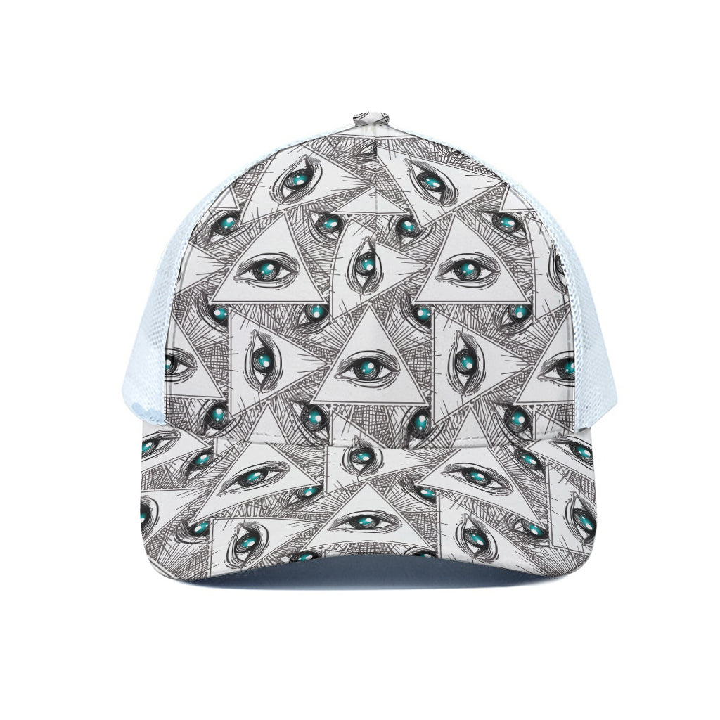 Illuminati Pattern Print White Mesh Trucker Cap