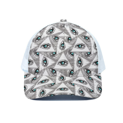 Illuminati Pattern Print White Mesh Trucker Cap
