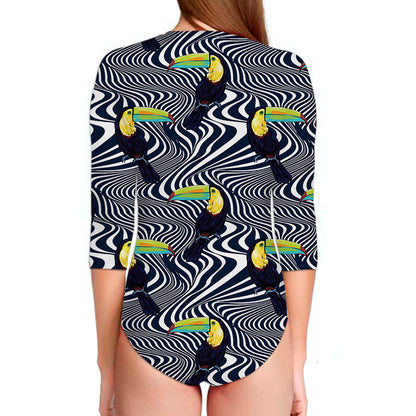 Illusion Toucan Print Long Sleeve Swimsuit