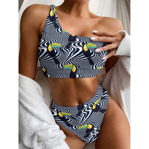 Illusion Toucan Print One Shoulder Bikini Top