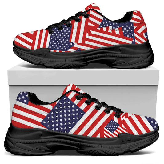 Independence Day USA Flag Pattern Print Black Chunky Shoes