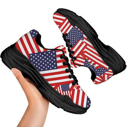 Independence Day USA Flag Pattern Print Black Chunky Shoes