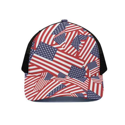 Independence Day USA Flag Pattern Print Black Mesh Trucker Cap