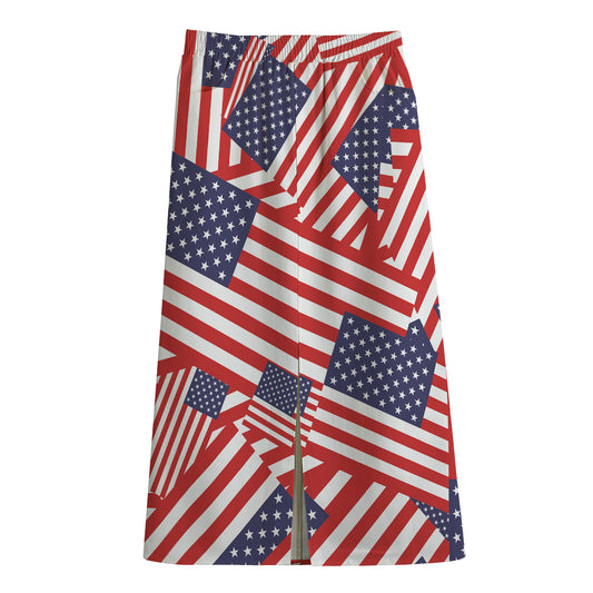 Independence Day USA Flag Pattern Print Cotton Front Slit Maxi Skirt